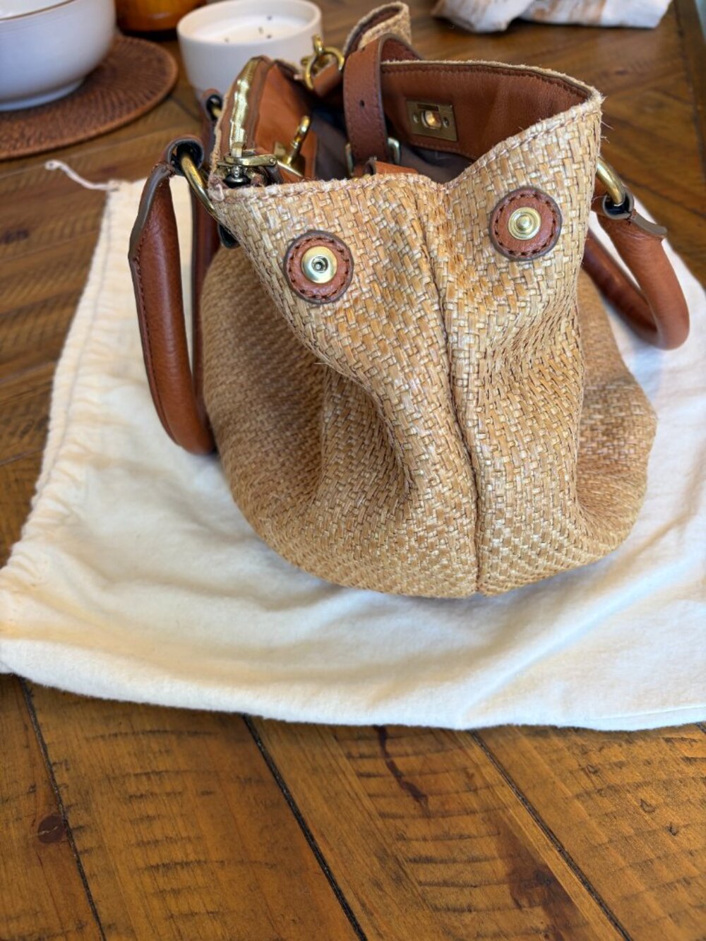 J.Crew Brompton Small Shoulder Top Handle Straw Leather Bag w./ Cross Body Strap - Picture 5 of 6